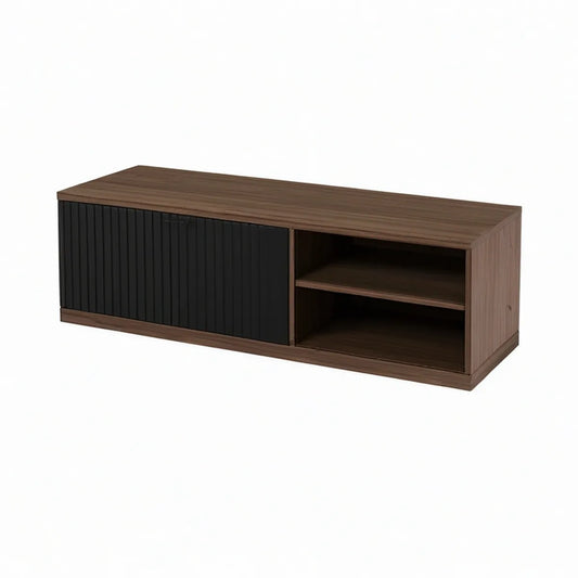 TV stolek 140 × 40 × 45 cm v dekoru ořechu s černými posuvnými dvířky