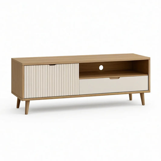 Televizní stolek z MDF v dekoru přírodního dubu a bílé, 120 × 40 × 55 cm